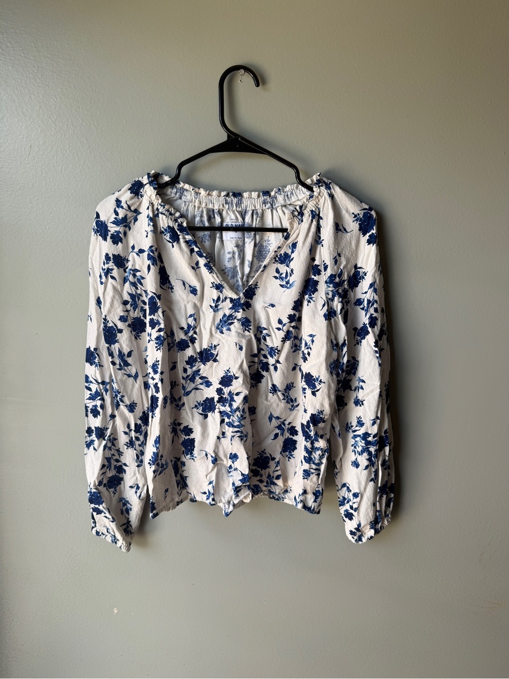 Old Navy Blue White Floral Peasant Blouse Boho Cottagecore Long Sleeve XS